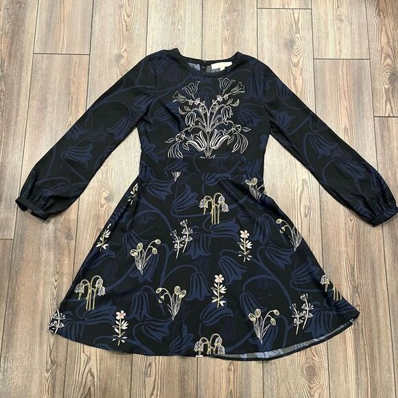 Loft Dress Women's Size 4 Black 100 % Polyester Floral Long Sleeve Round Neck - Picture 6 of 6